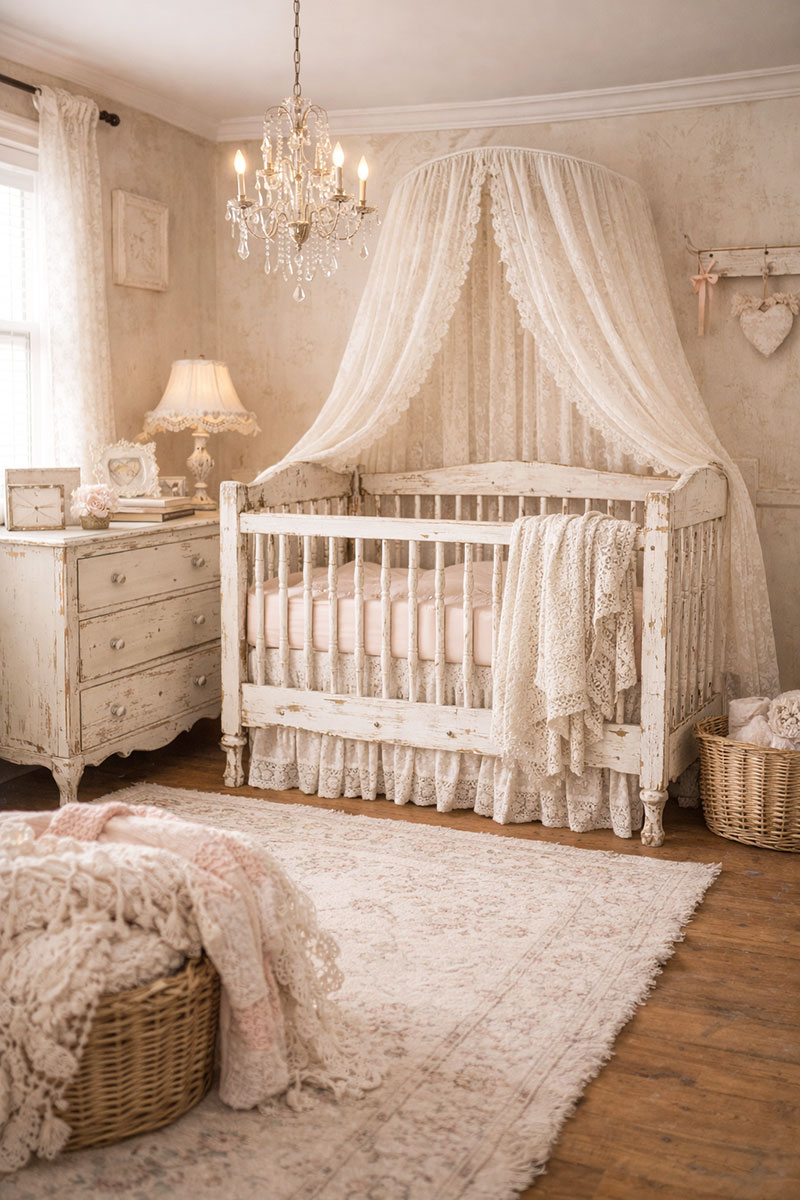 Elegant shabby chic baby girl nursery decorated in blush pink and white with a vintage Jenny Lind crib, floral wallpaper, lace canopy, and soft pastel accents