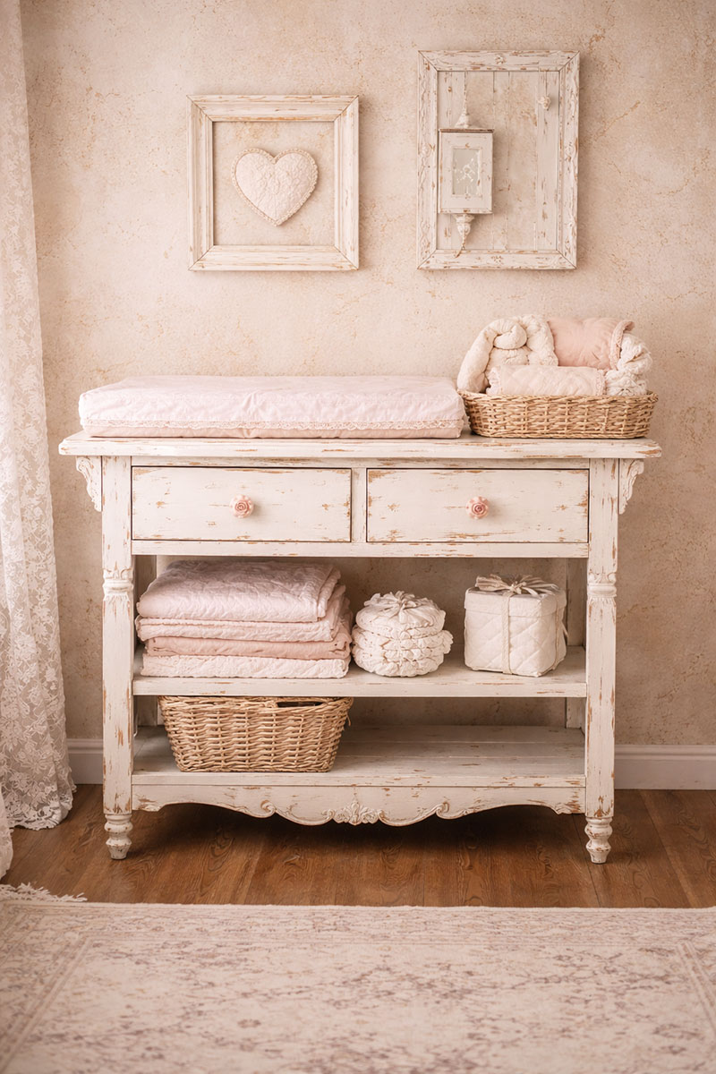 Shabby chic nursery changing table with distressed white wood, blush pink pad, folded linens, and vintage wall decor