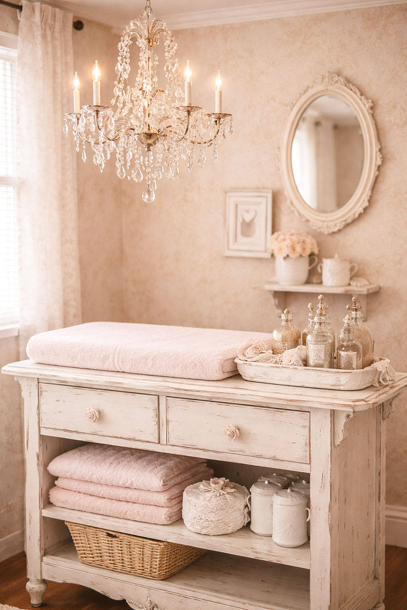 Shabby chic nursery changing table with distressed white wood, blush pink pad, crystal chandelier, folded linens, and vintage styling details