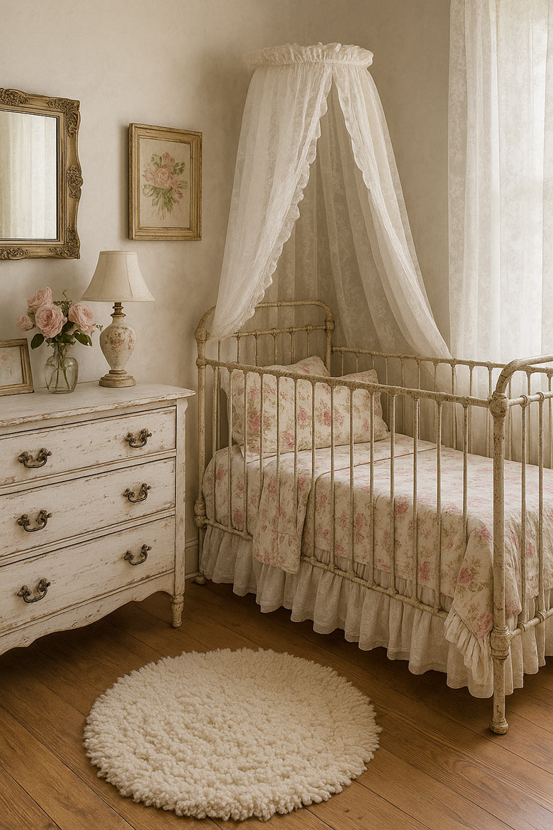 Shabby chic nursery details featuring floral bedding, vintage dresser and lace canopy