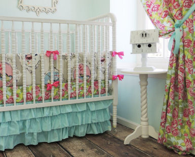 Pink, turquoise and white shabby chic baby nursery theme ideas with birds and bird house