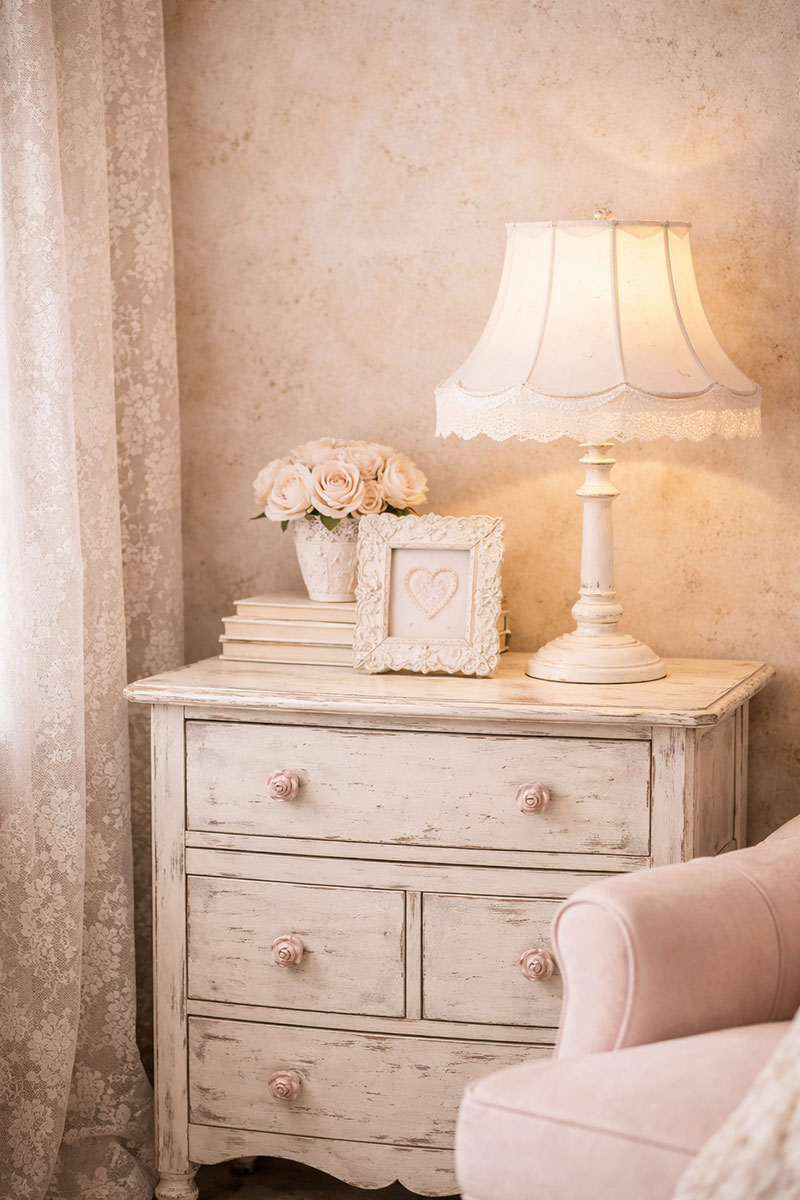 Shabby chic nursery lighting with a vintage lace-trimmed lamp beside distressed white furniture in ivory and blush pink tones