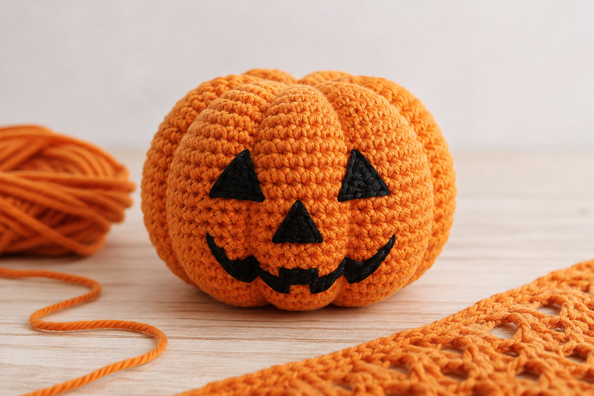 Stuffed crochet Jack-o'-lantern head with six evenly shaped pumpkin ribs and embroidered black Halloween face