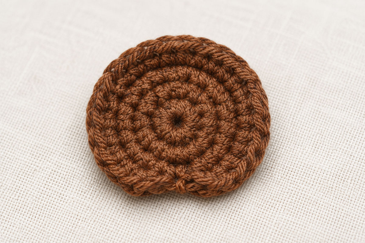 Brown crochet bear ear with the lower edge gently pinched and secured to create a rounded upright ear shape
