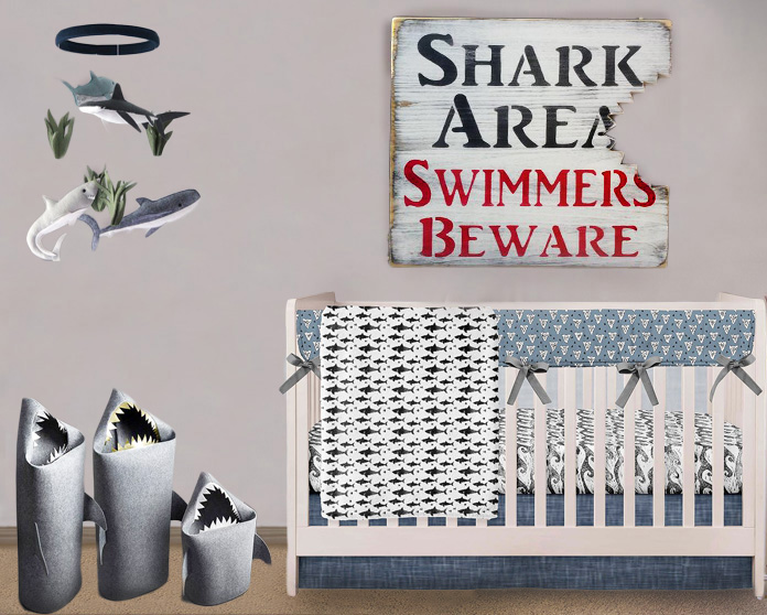 Shark baby nursery room theme decor for a baby boy.  Shark themed decorating ideas.