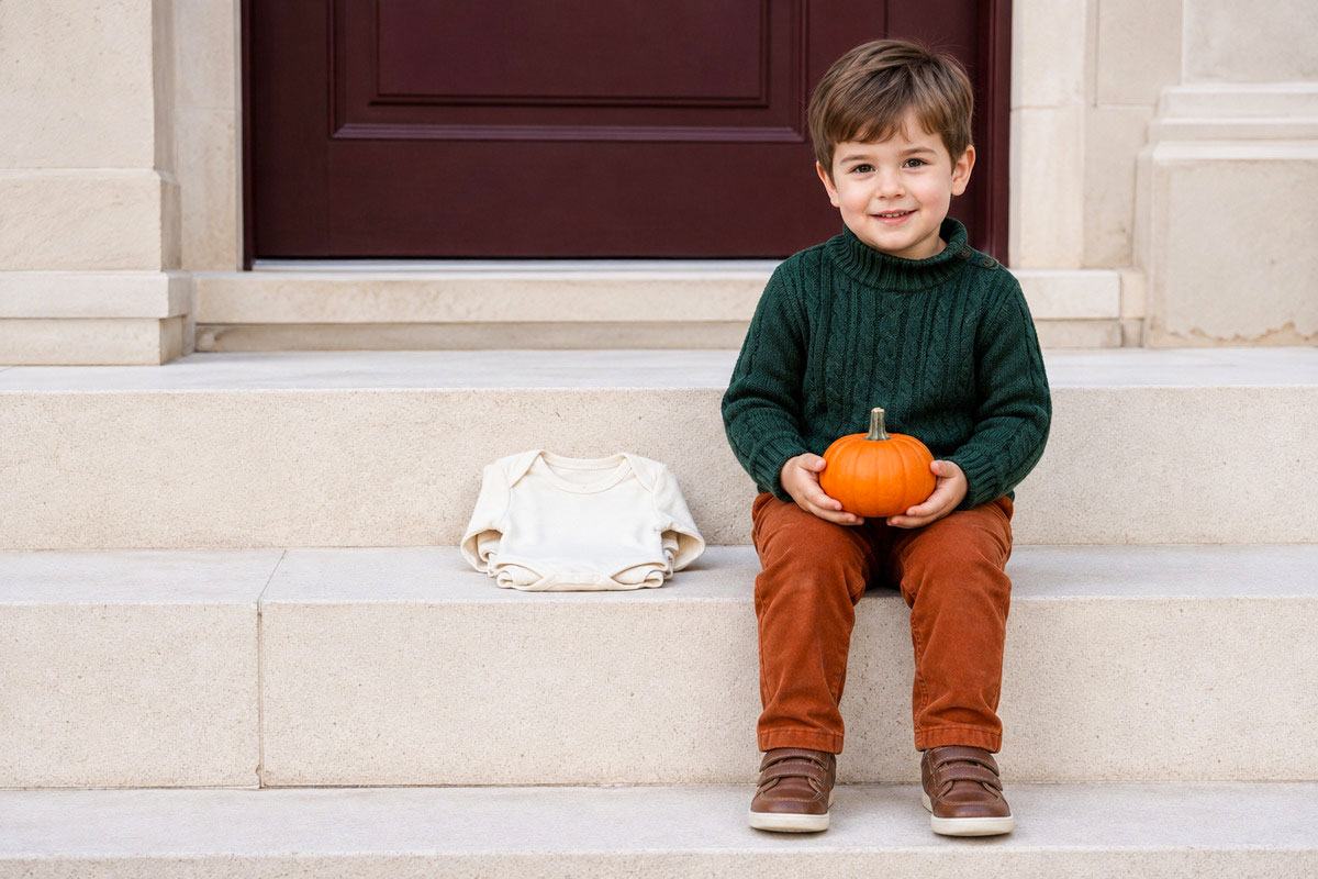 Young child sitting on front steps and holding a small orange pumpkin beside a folded baby bodysuit