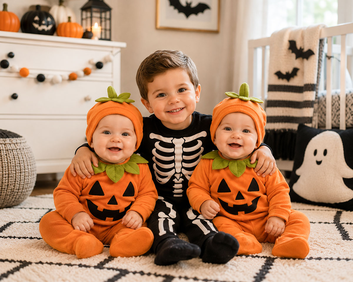 Toddler and baby sibling Halloween costumes with twin baby costume ideas in coordinated simple themes