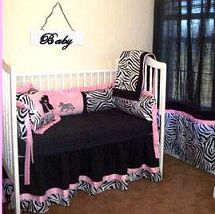 Custom pink black and white zebra baby crib bedding set sewing project in chenille fabric for a baby girl nursery room