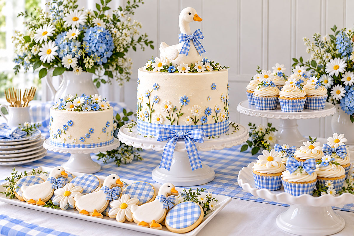 Elegant Silly Goose baby shower cake examples in white and periwinkle blue with simple goose decorations