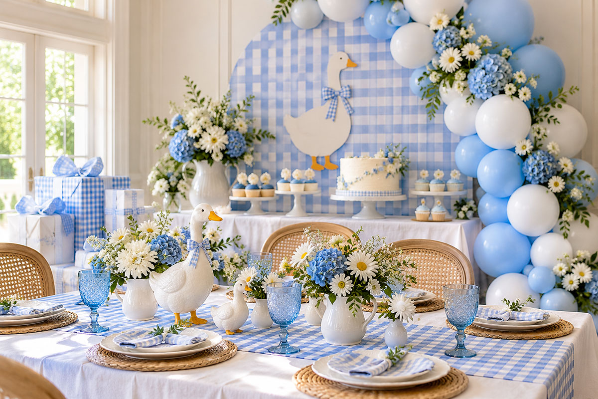 Periwinkle blue and white Silly Goose baby shower decorations with gingham accents and a simple dessert table