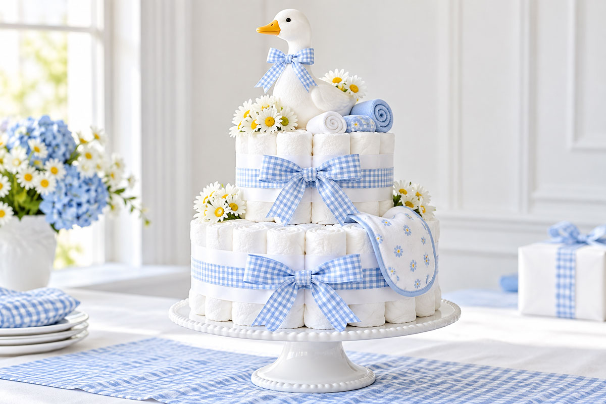 White and periwinkle Silly Goose baby shower diaper cake with gingham ribbon and white goose topper