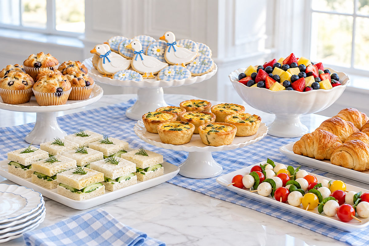 Silly Goose baby shower food table with simple brunch foods, blue and white serving pieces and goose themed desserts