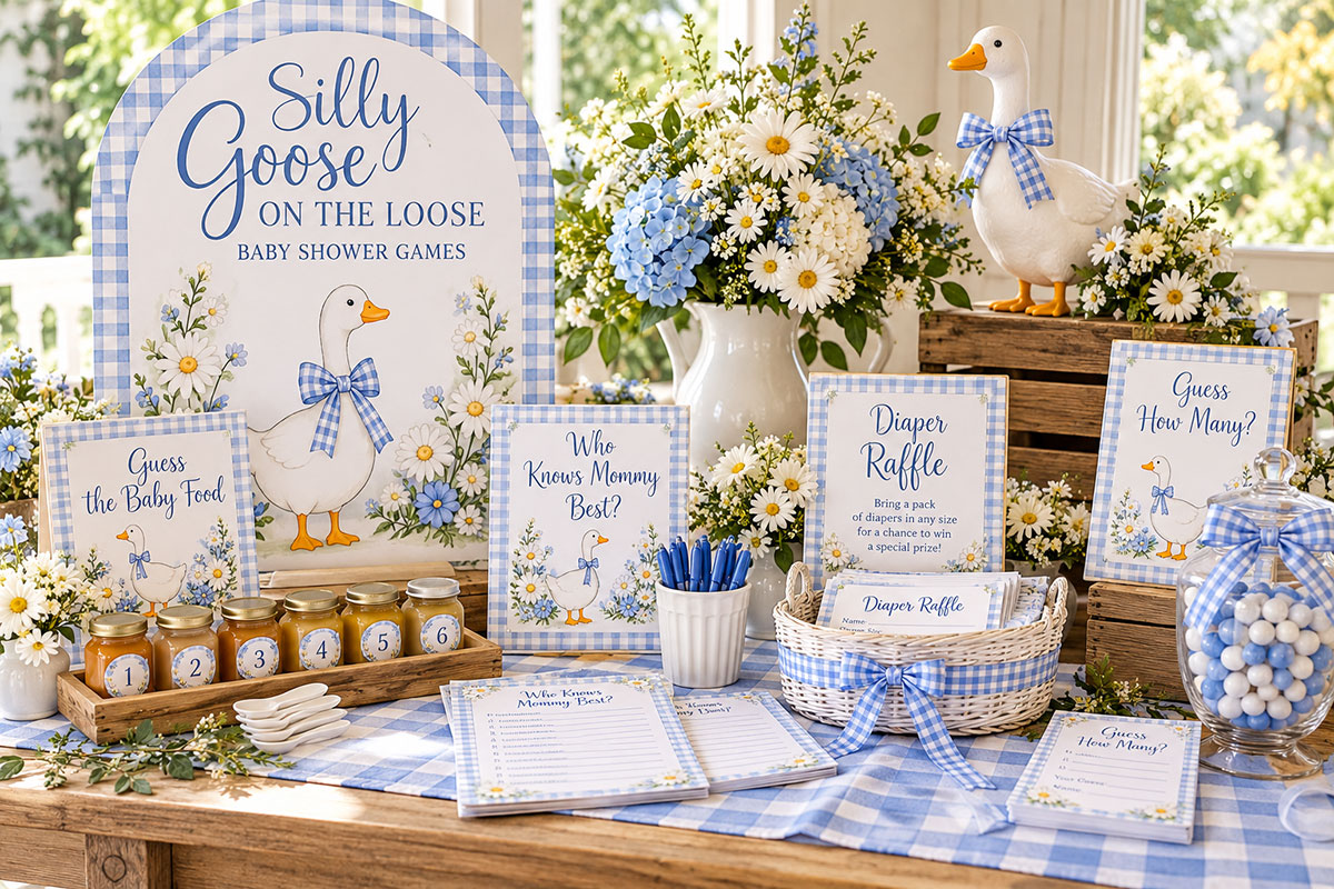 Silly Goose baby shower game table with blue and white game cards, ribbons and simple goose decorations