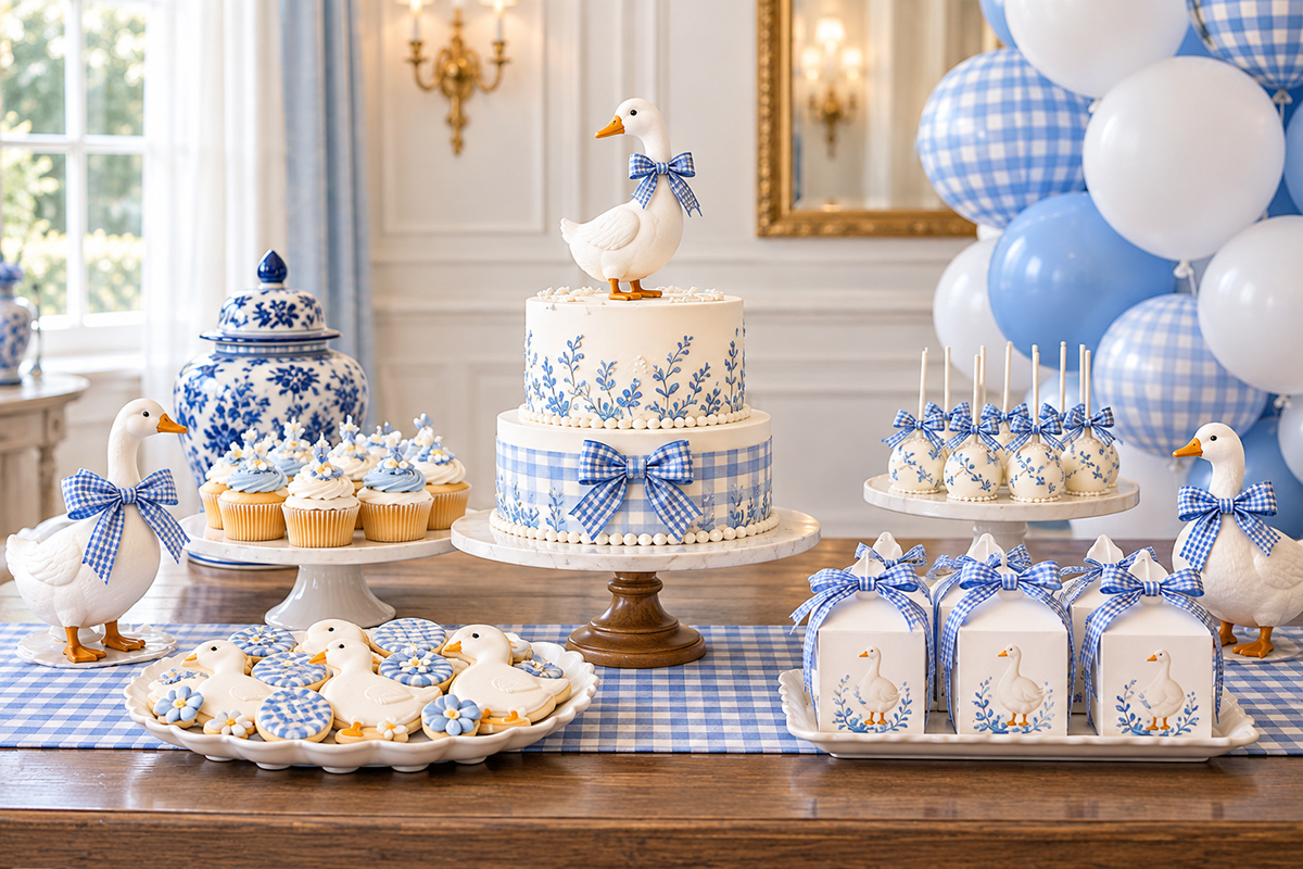 Silly Goose baby shower ideas with goose themed decorations, cake, cookies and party table