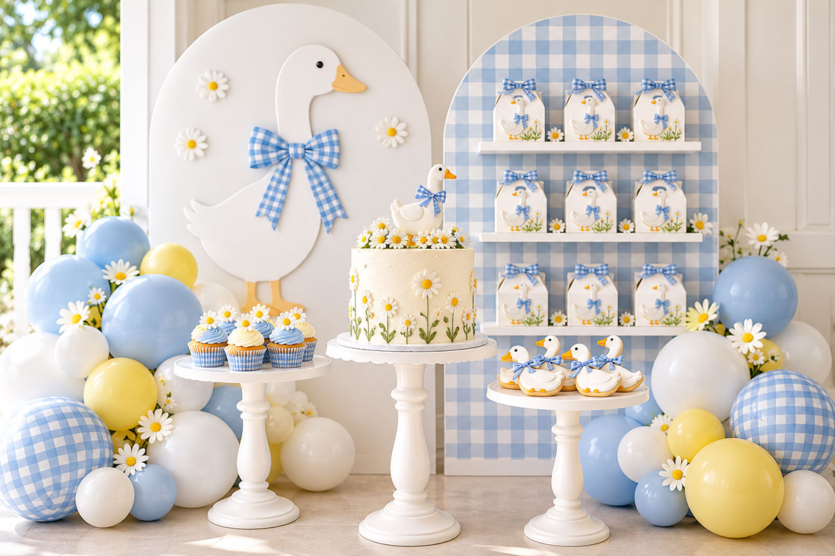A Silly Goose Is Almost Loose baby shower with white geese, blue gingham and casual country decorations