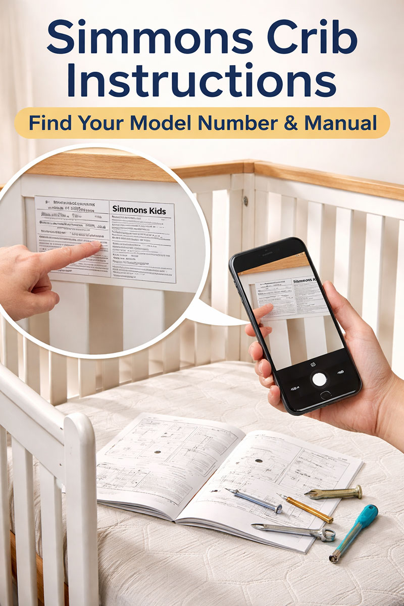 Simmons crib instructions manual lookup showing crib model number label