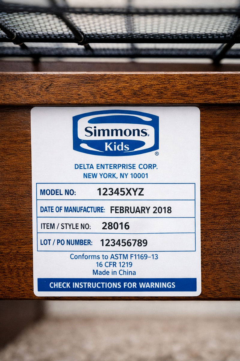Simmons crib manufacturer label showing model number and date information used in official documentation