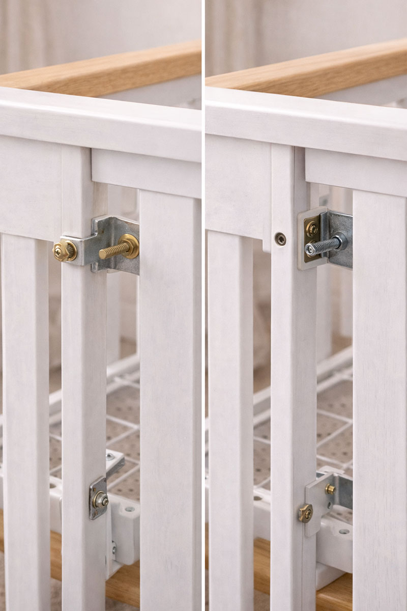 Close-up of crib rail connection points showing how similar crib designs correspond to different documented hardware layouts
