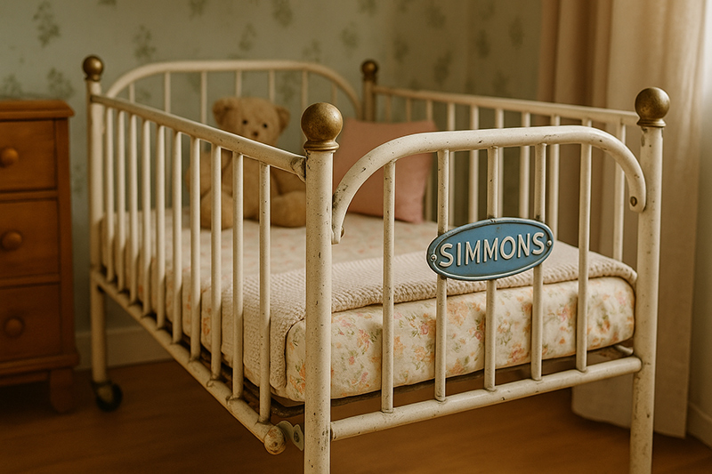 Vintage Simmons baby crib in an ivory metal frame surrounded by soft neutral nursery décor and classic vintage accents