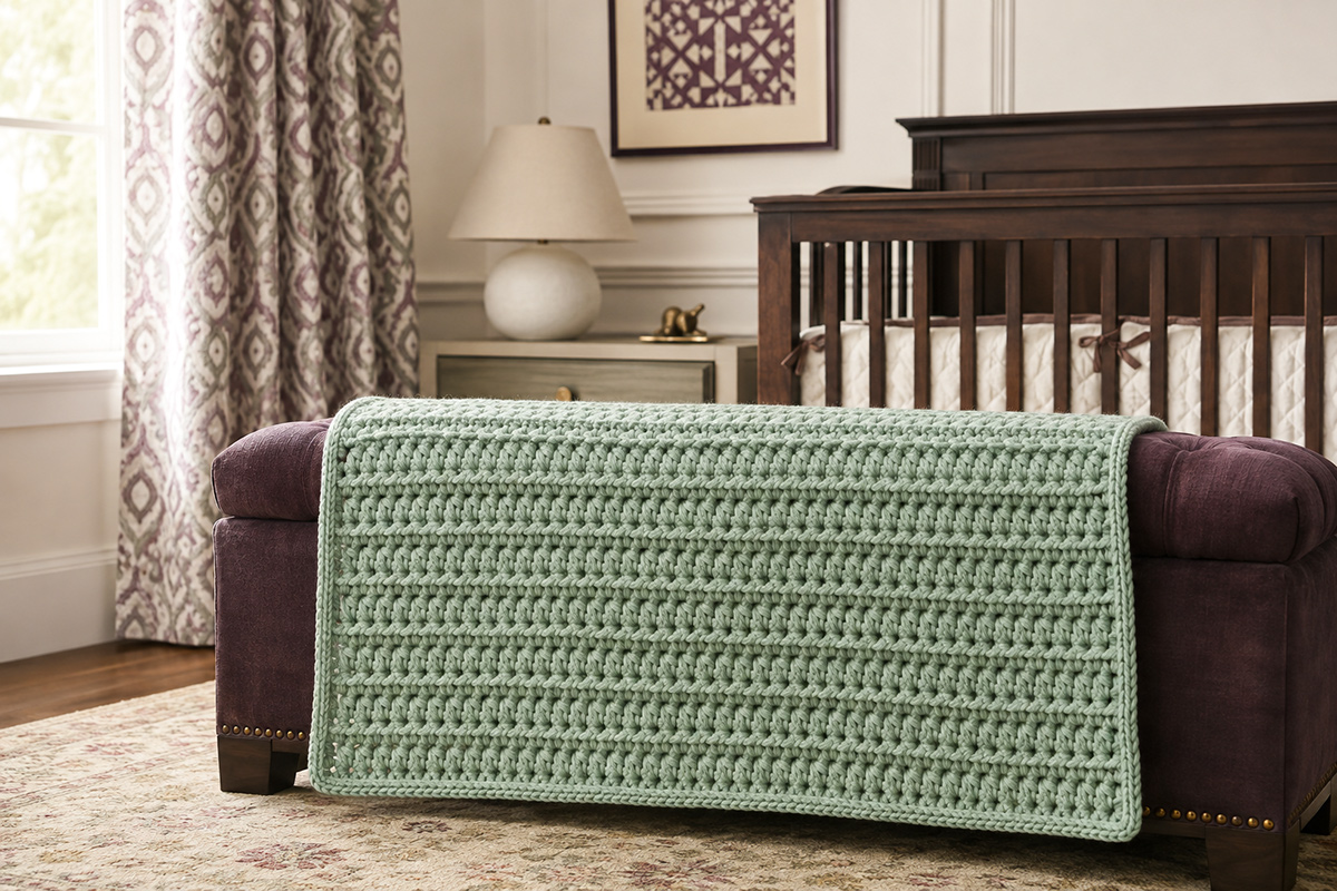 Simple chunky crochet blanket made with bulky yarn and an easy repeating stitch