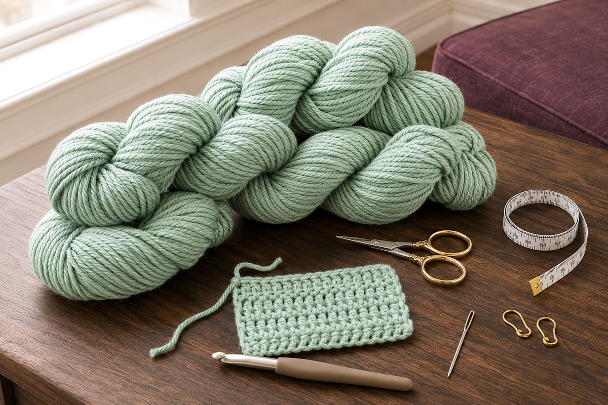 Bulky yarn, large crochet hook, scissors, yarn needle and measuring tape for a chunky crochet blanket