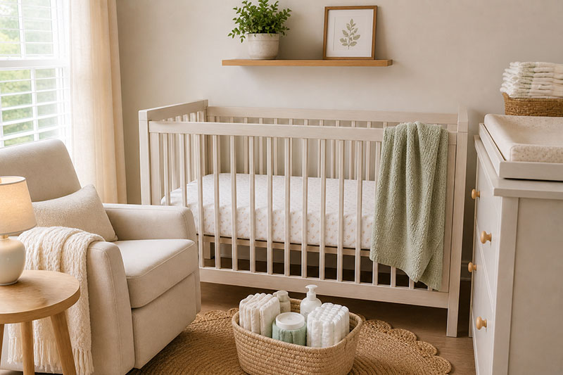 Simple newborn crib setup with firm mattress and fitted crib sheet