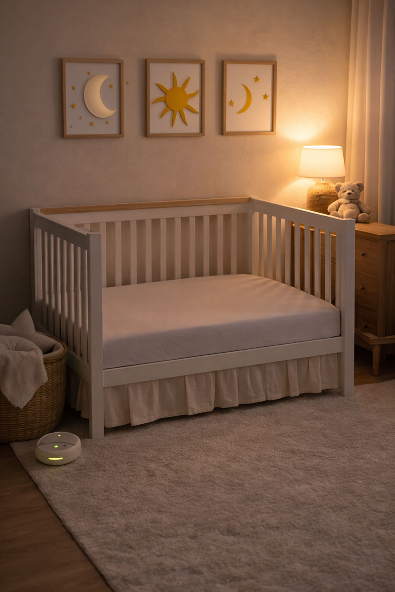 Simple crib setup in a neutral nursery during an evening routine