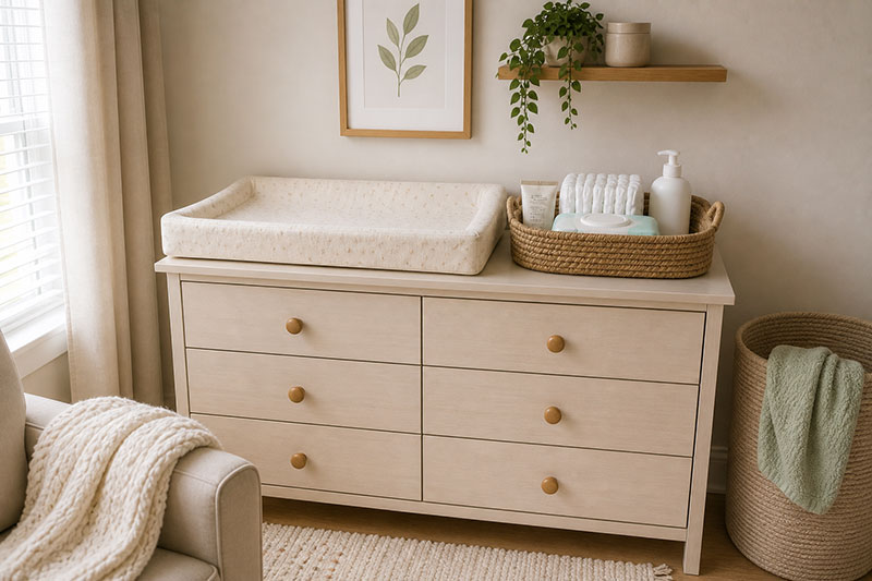 Simple newborn diapering station with diapers wipes and nursery storage basket