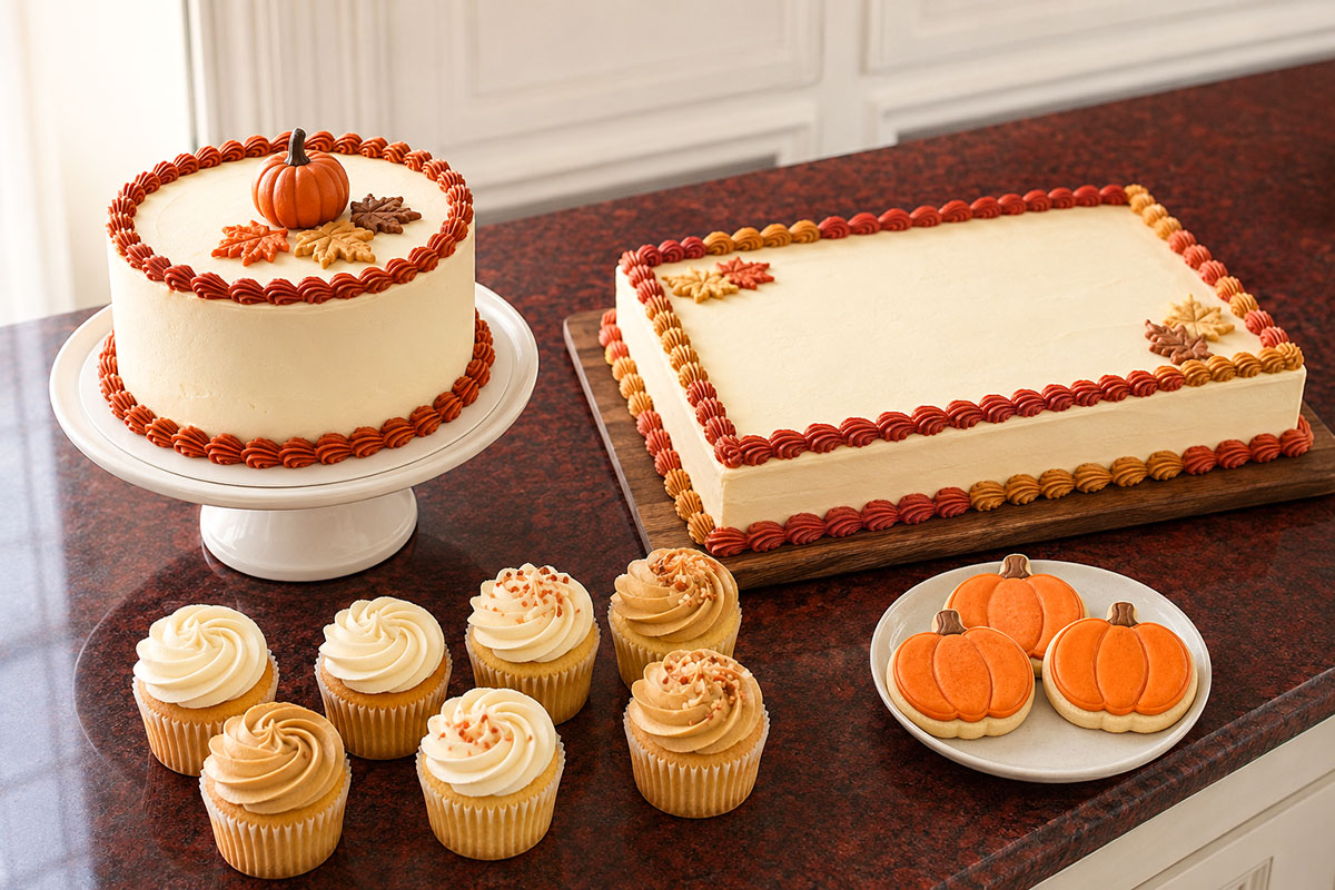 Simple fall baby shower cakes including an autumn sheet cake, buttercream layer cake and coordinated cupcakes