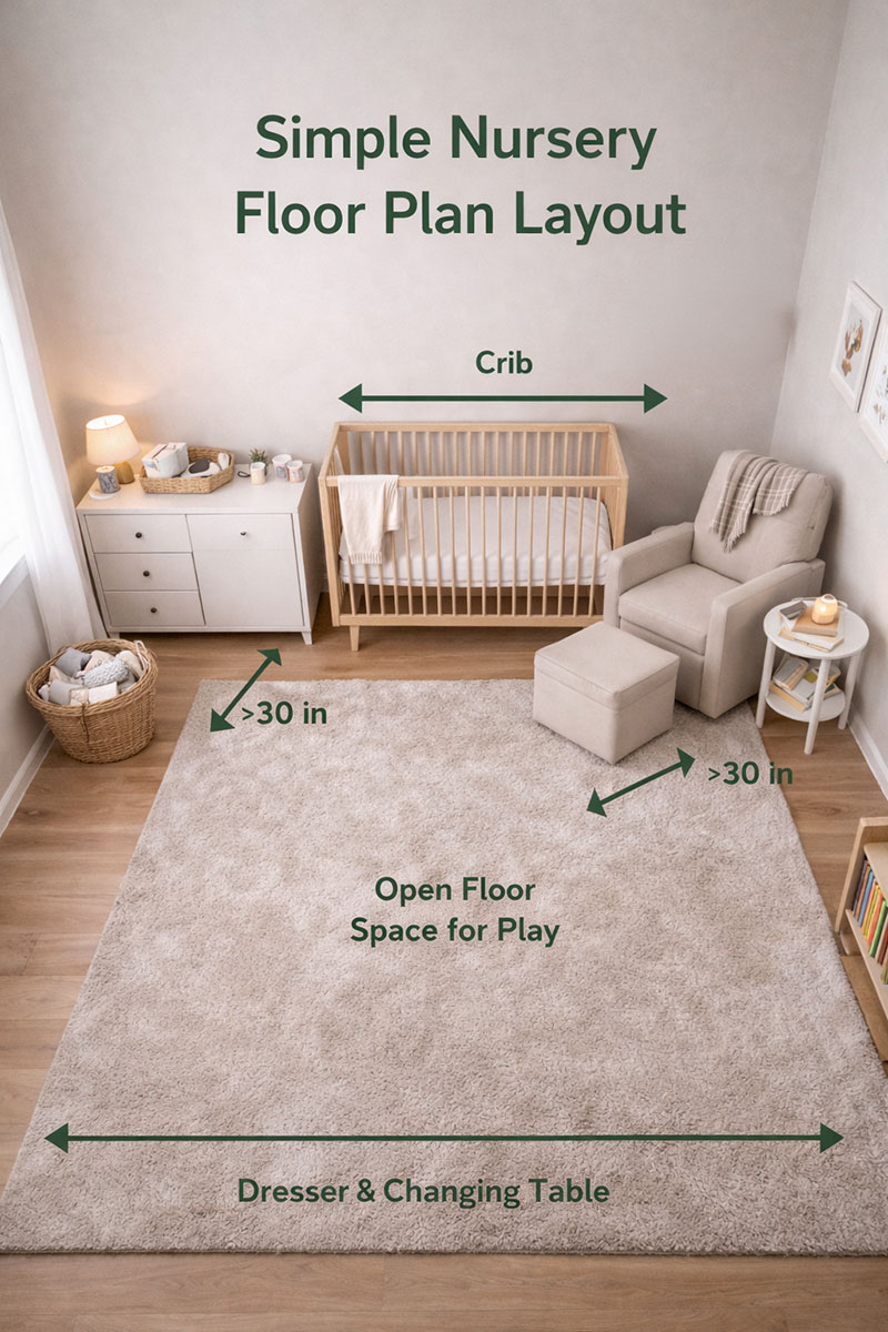 simple nursery floor plan layout with crib dresser and rocking chair arrangement
