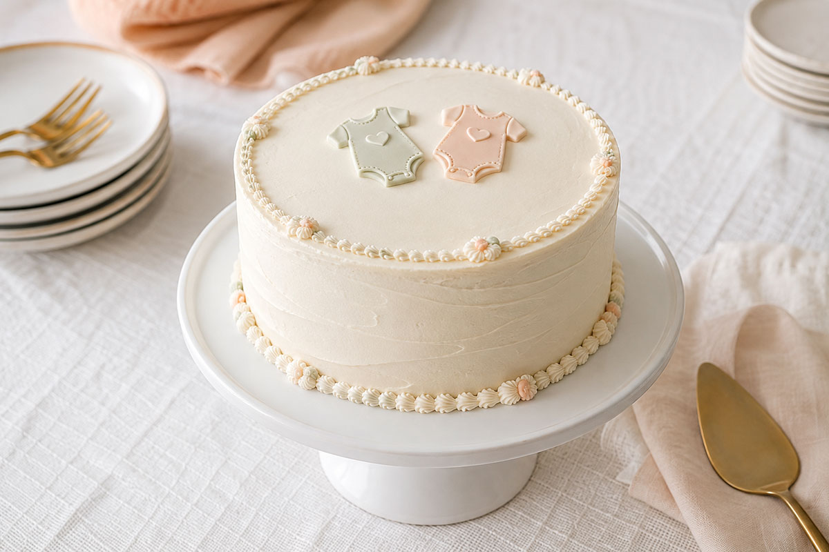 Simple buttercream twin baby shower cake with two small toppers and uncluttered decoration