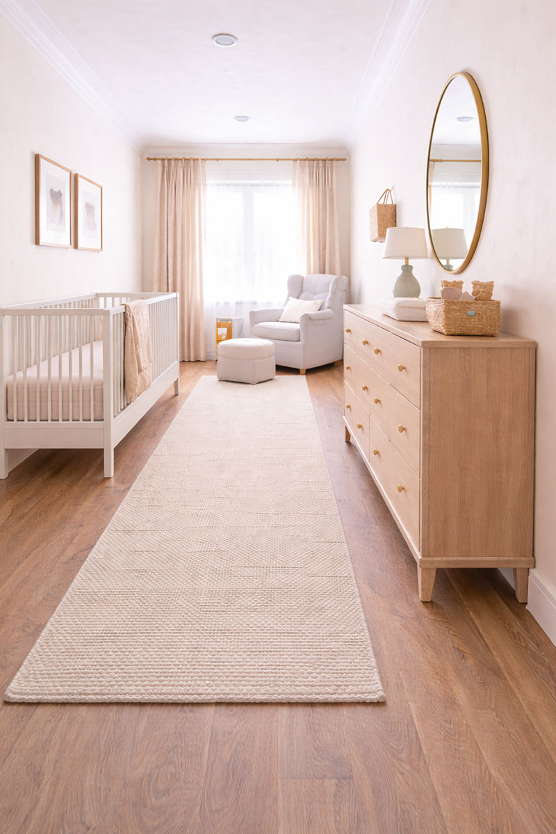 Slim crib and narrow dresser in a long narrow nursery creating visual openness