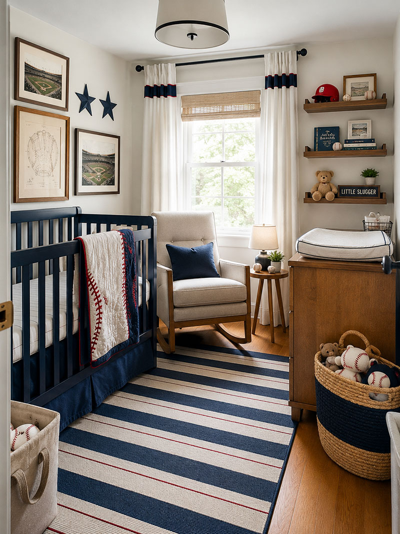 Small baseball nursery with compact crib, striped rug, framed baseball decor, and organized storage