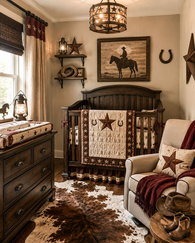 Small cowboy nursery layout with western crib decor and compact ranch style furniture