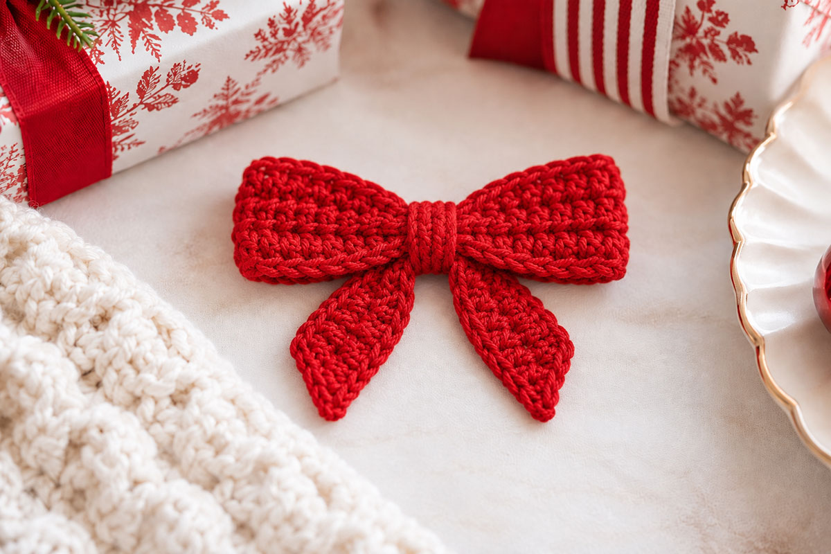 Small flat crochet bow applique with low profile loops short pointed tails and a narrow center wrap