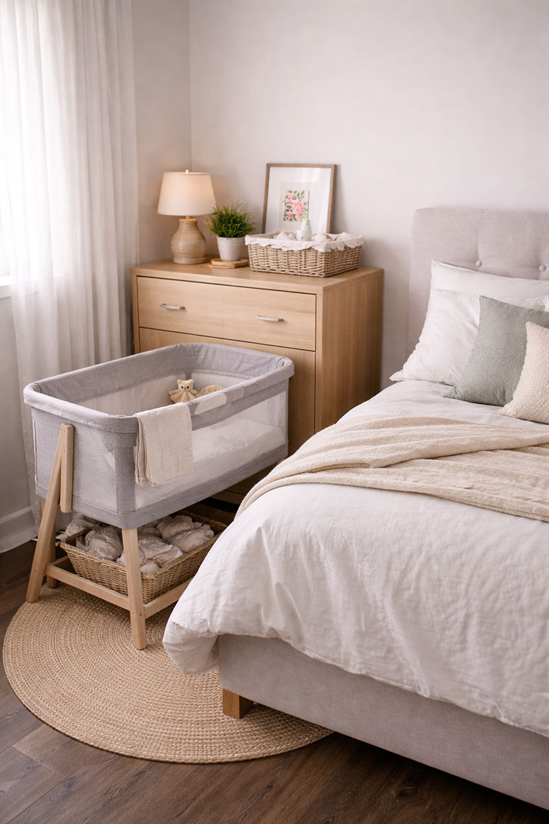 Small home baby sleep space setup with a bassinet beside a bed and a compact dresser