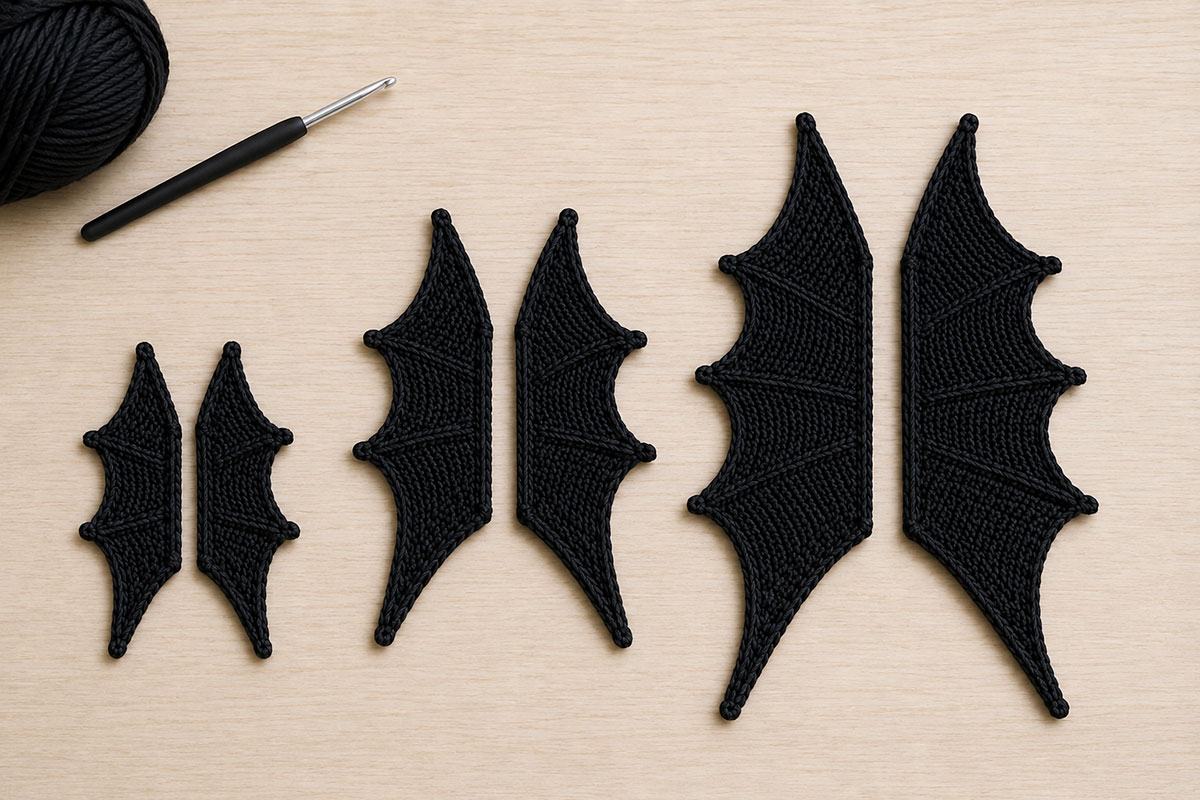 Small medium and large crochet bat wings arranged together to compare the three finished sizes