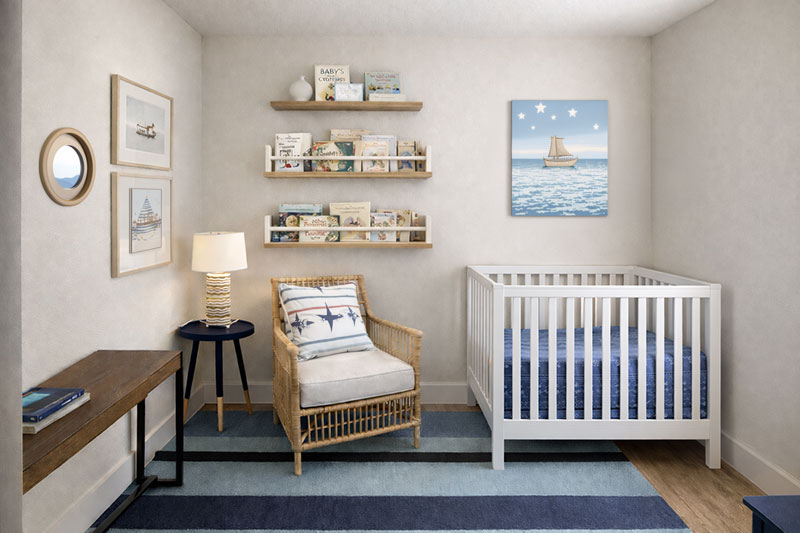 Small nursery reading nook with compact floating bookshelf
