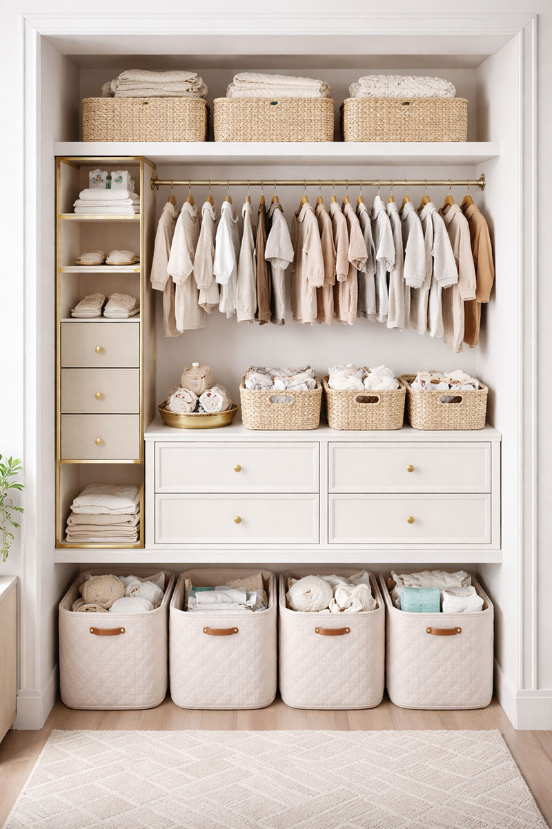 Small nursery closet organizer with baby clothes baskets shelves and space-saving storage in a tiny baby room