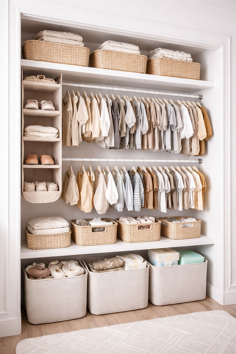 Small nursery closet organized into zones with double hanging rods bins and shelves in a compact baby room