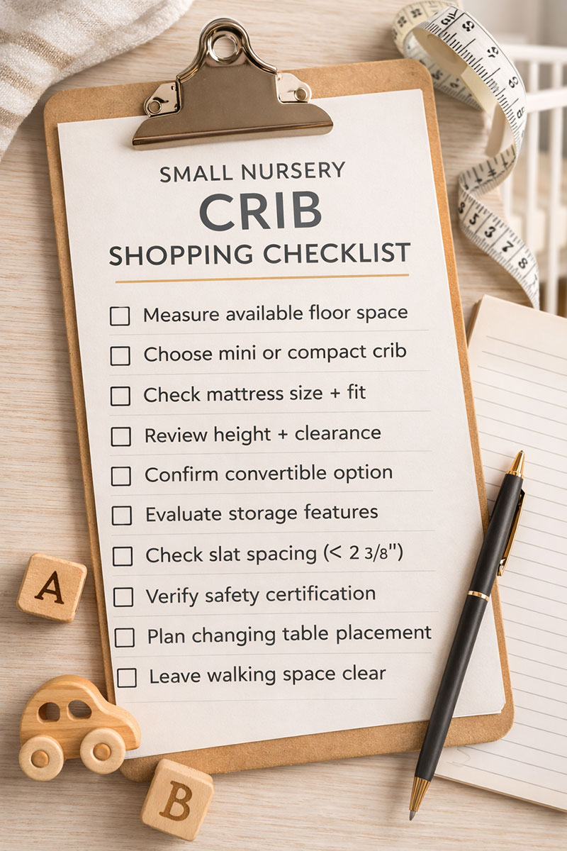 small nursery planning checklist with crib and dresser in a compact layout