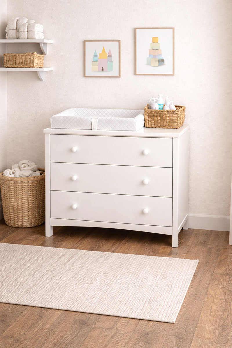 Small nursery layout with dresser used as changing station