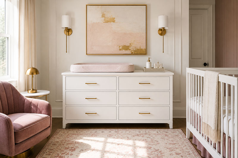 Compact nursery with a dresser placed to maximize floor space and allow drawers to open fully.
