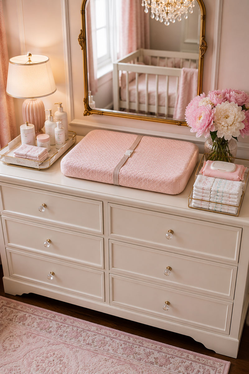 Small nursery dresser top organization with changing pad, tray, folded baby clothes, and elegant storage styling