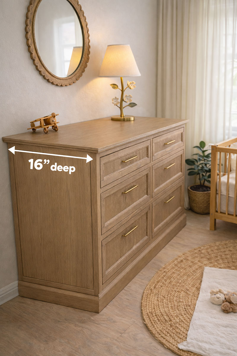 Light wood nursery dresser styled on a small wall with mirror, lamp, and soft baskets