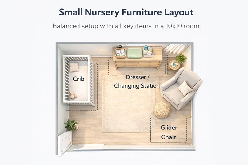 Small nursery furniture layout with crib and dresser placed to preserve a clear walking path