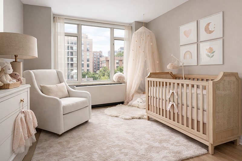 Small nursery layout with crib against interior wall and space-saving dresser setup
