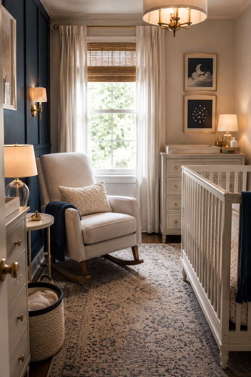 Compact nursery rocking chair layout beside crib