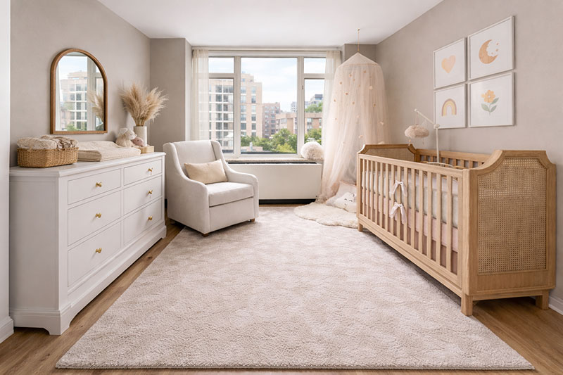 Small nursery with crib and dresser arranged for balanced layout