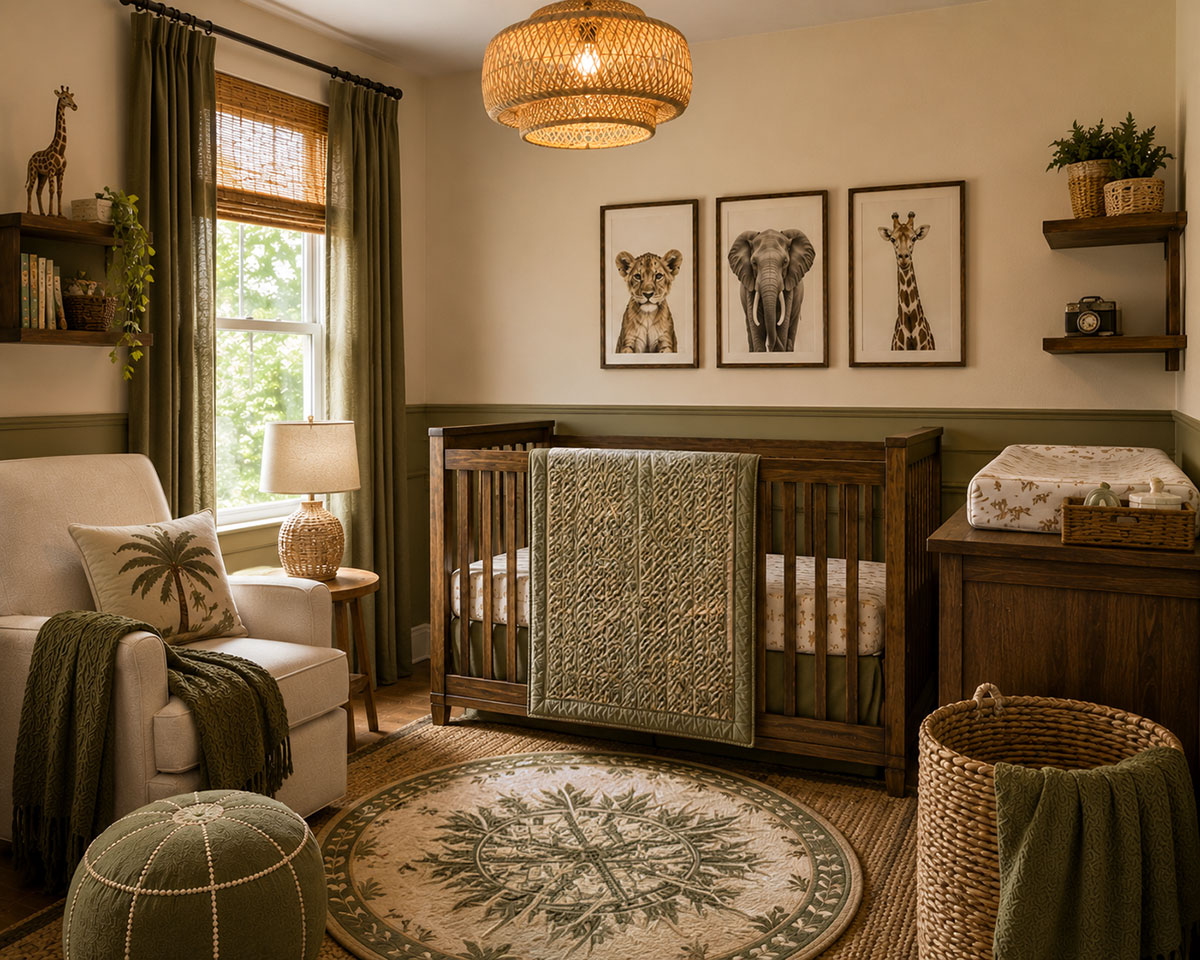 Small safari nursery with efficient furniture layout, natural wood crib, framed animal artwork and organized storage